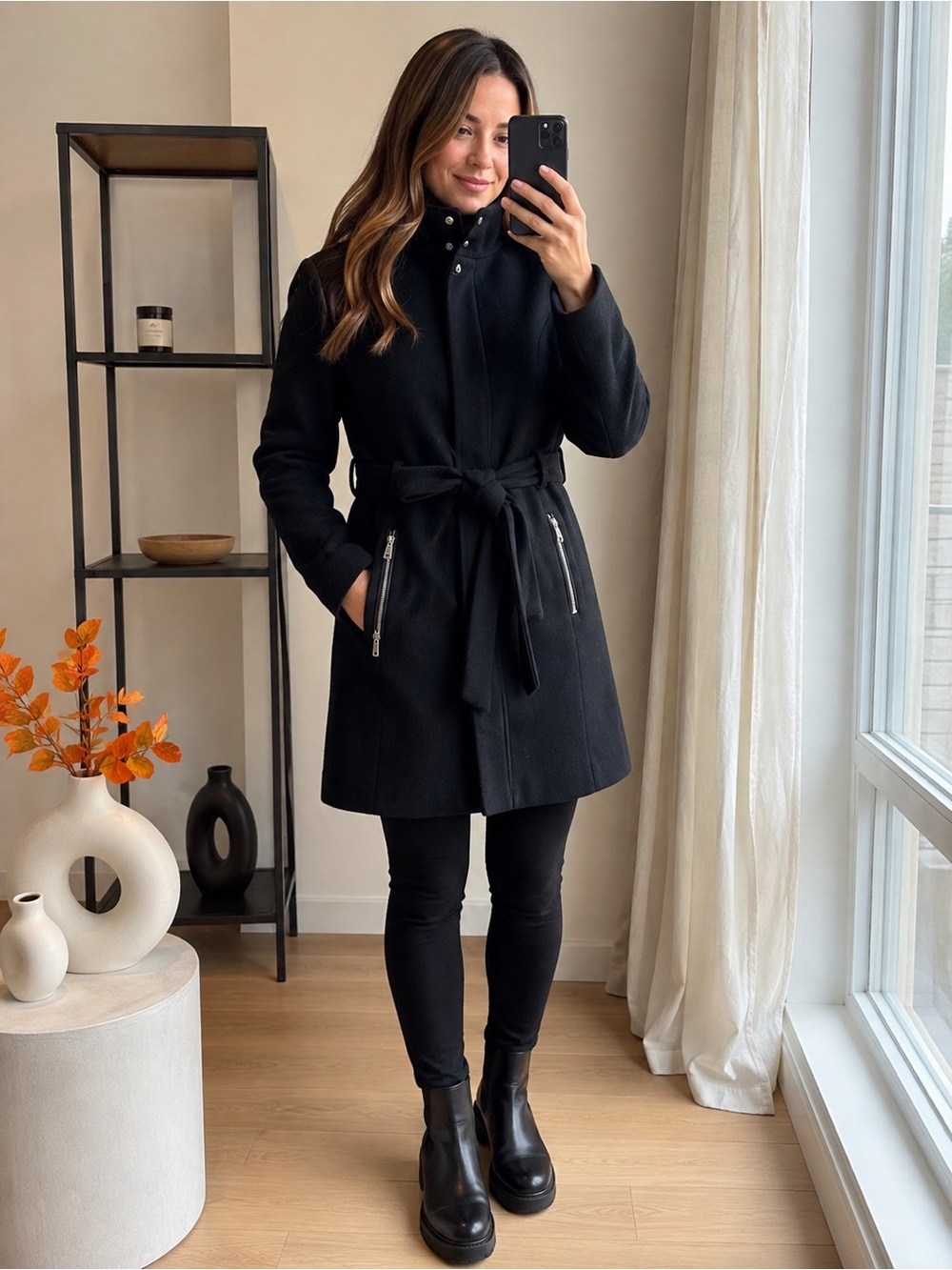 267.Wool Blend Belted Coat - Black
